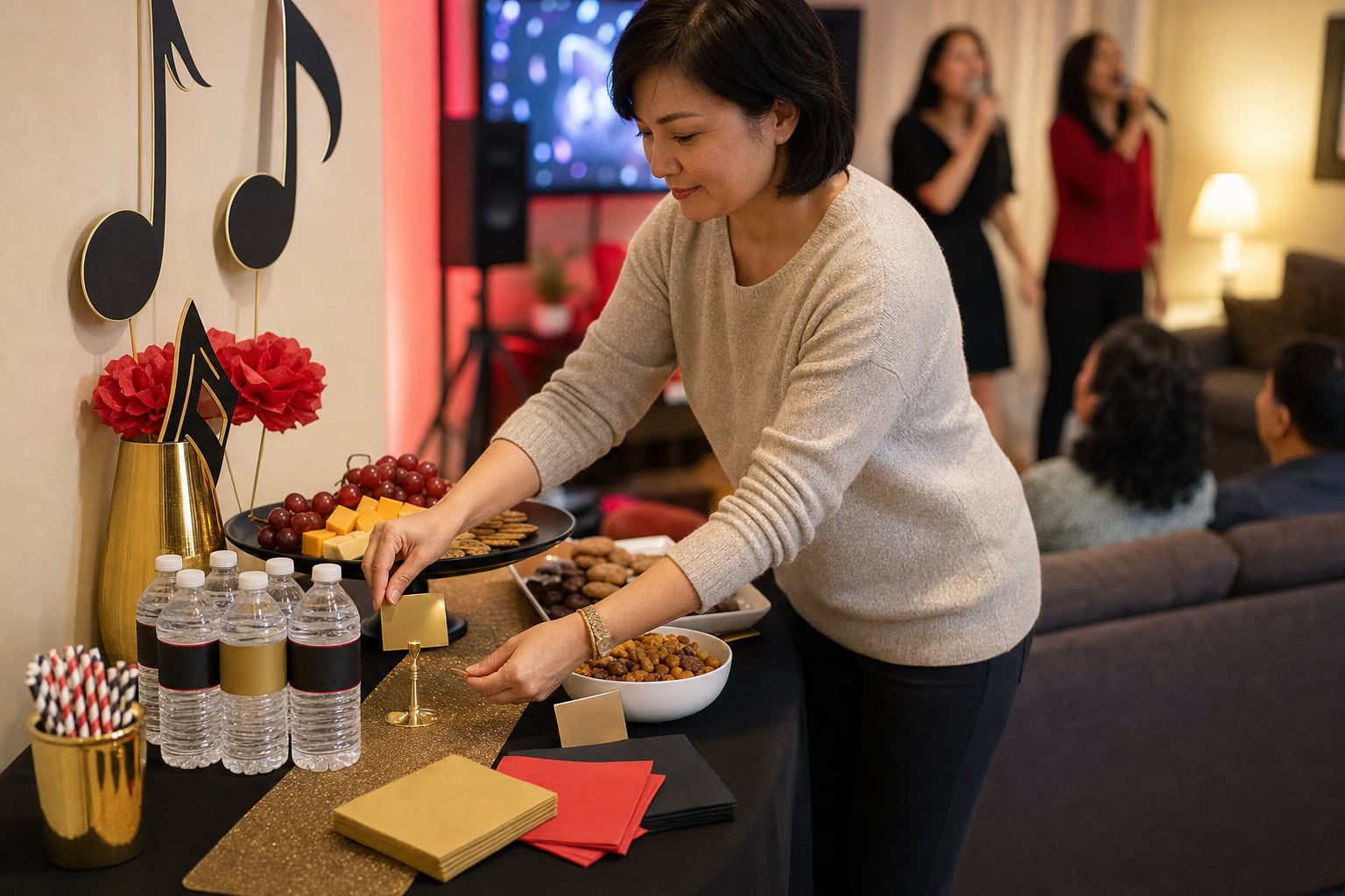 Host arranging snacks and water on a music-themed karaoke party table