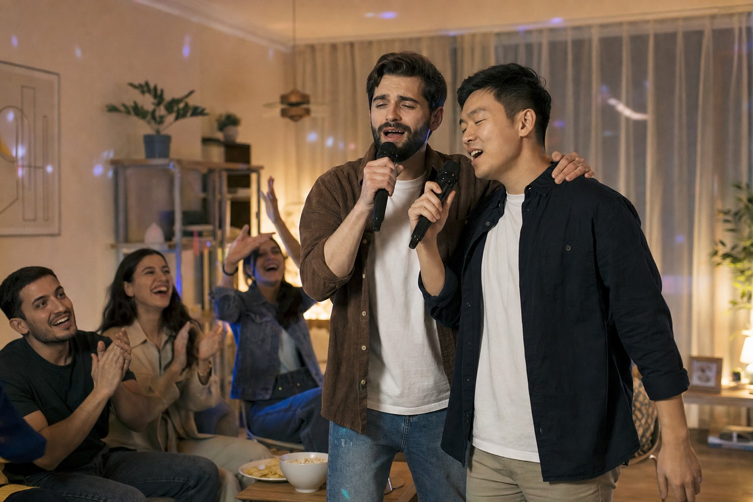 Two friends singing a karaoke duet while guests cheer