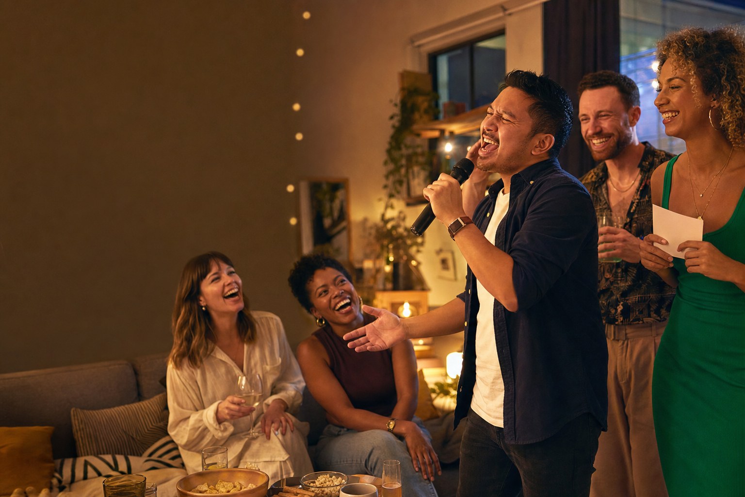 Friends laughing during an adult karaoke party game at home