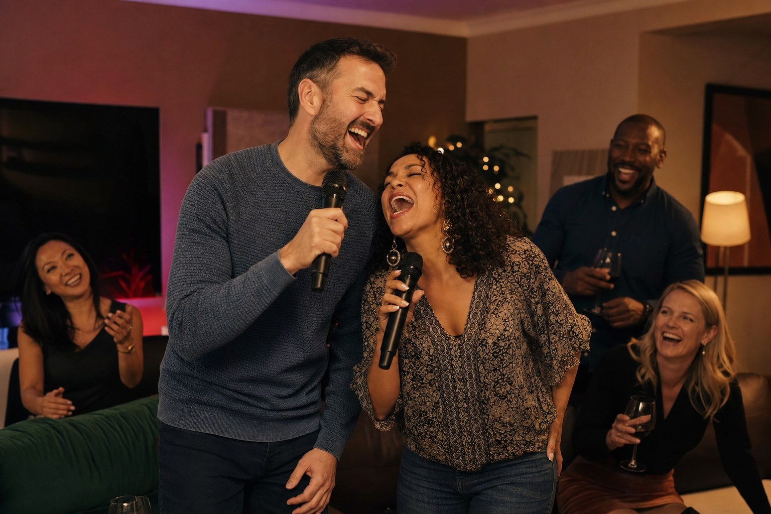 Friends singing a karaoke duet at a home party