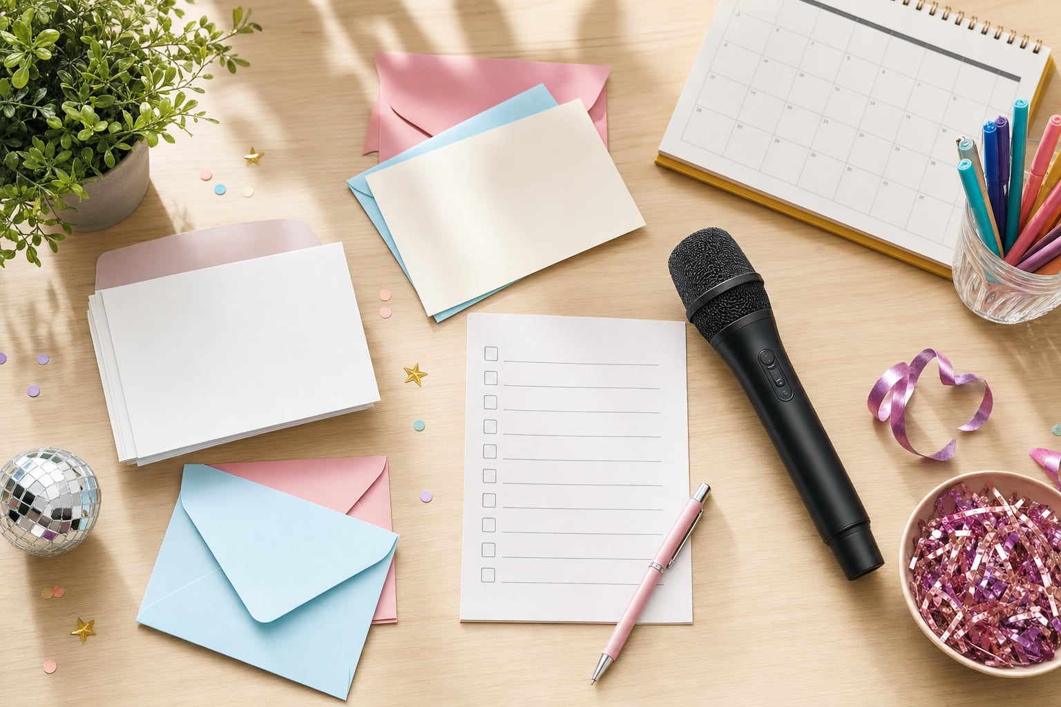 Blank invitation cards, envelopes, a planning checklist, and a microphone on a table