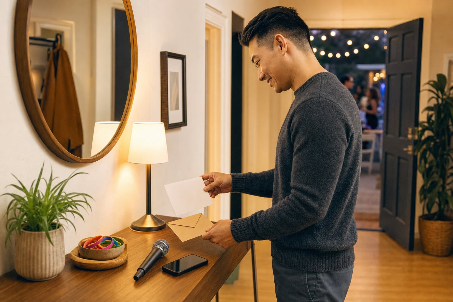 Party host placing a blank invitation card into an envelope before a karaoke gathering