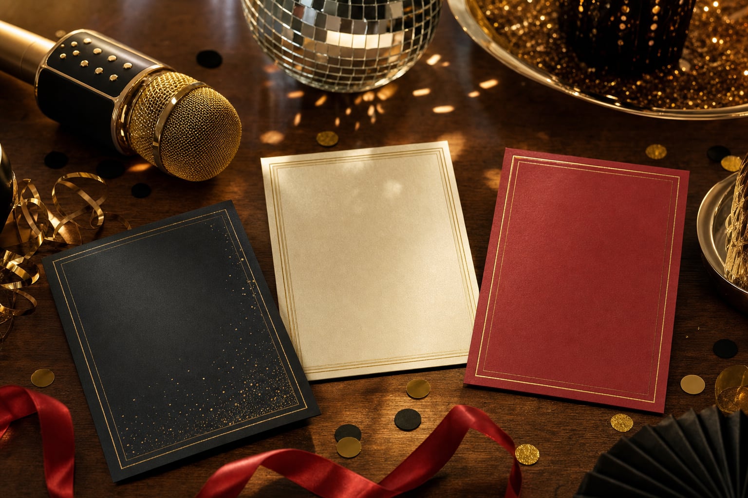 Three blank karaoke party invitation cards in black, gold, and red styles