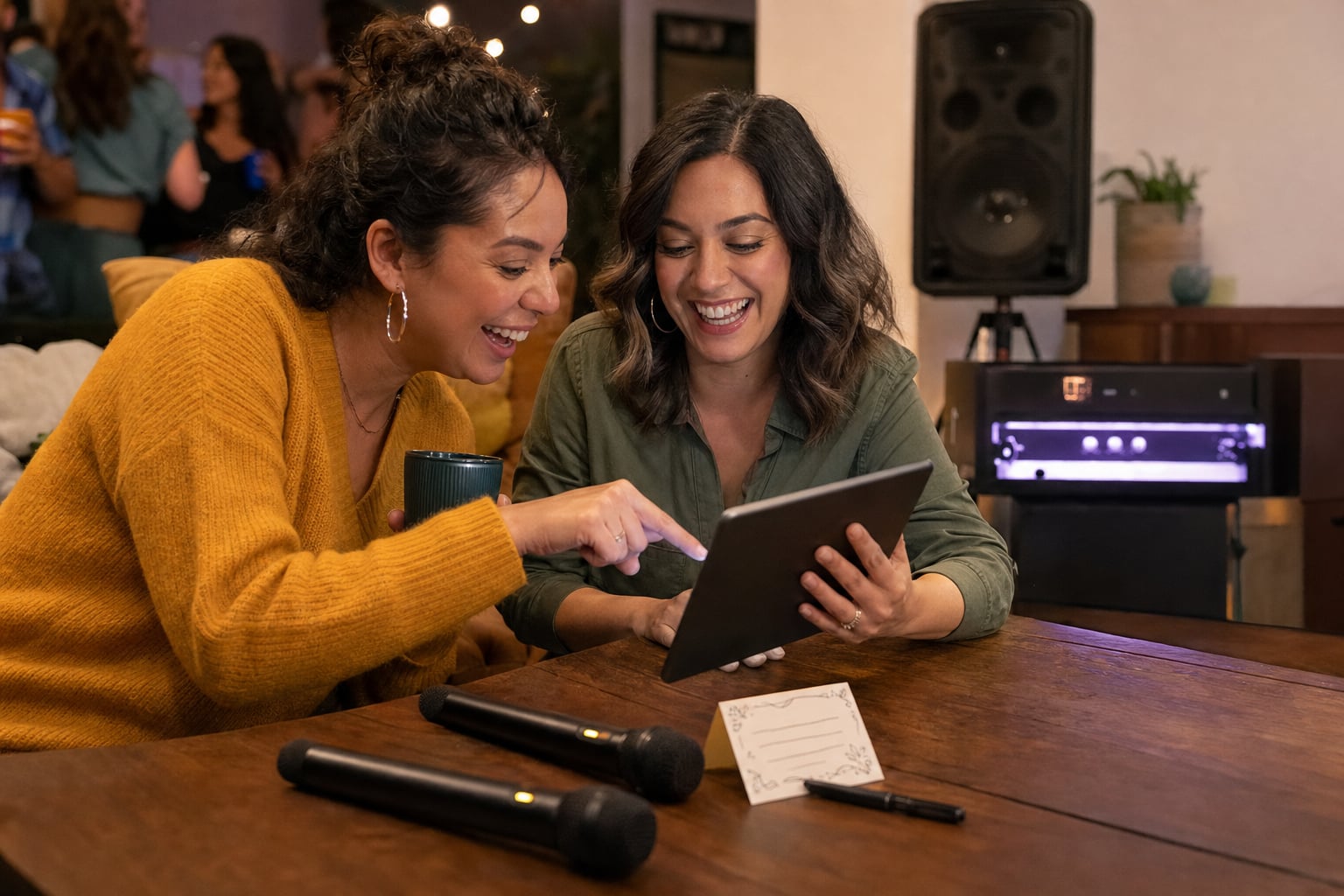 Two friends choosing a karaoke duet beside microphones