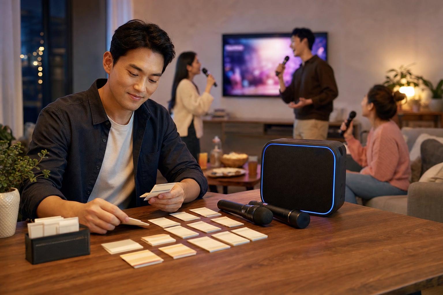 Party host organizing karaoke song requests while guests sing