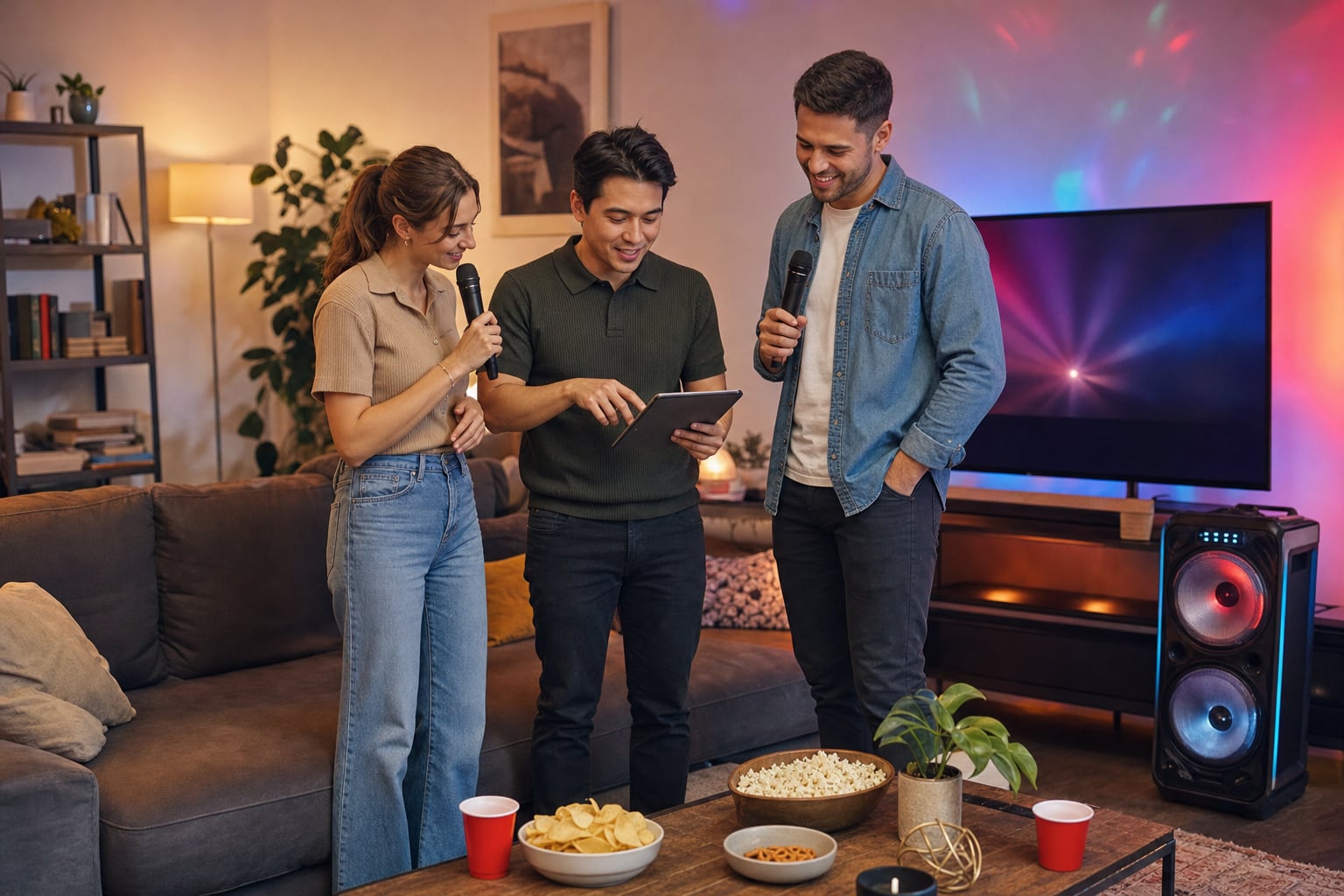 Friends choosing songs together for a home karaoke party