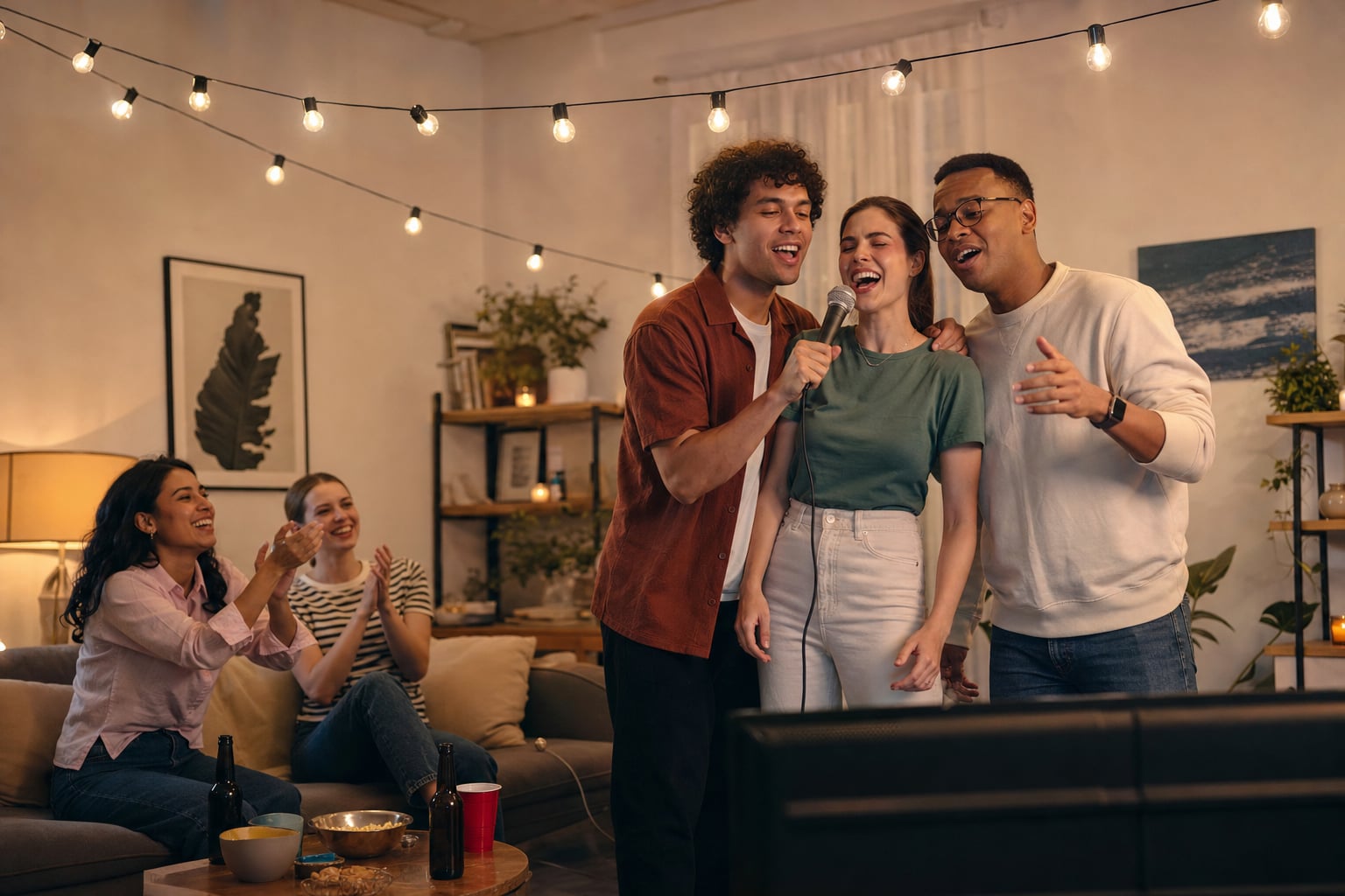 Friends starting a group karaoke song at a home party