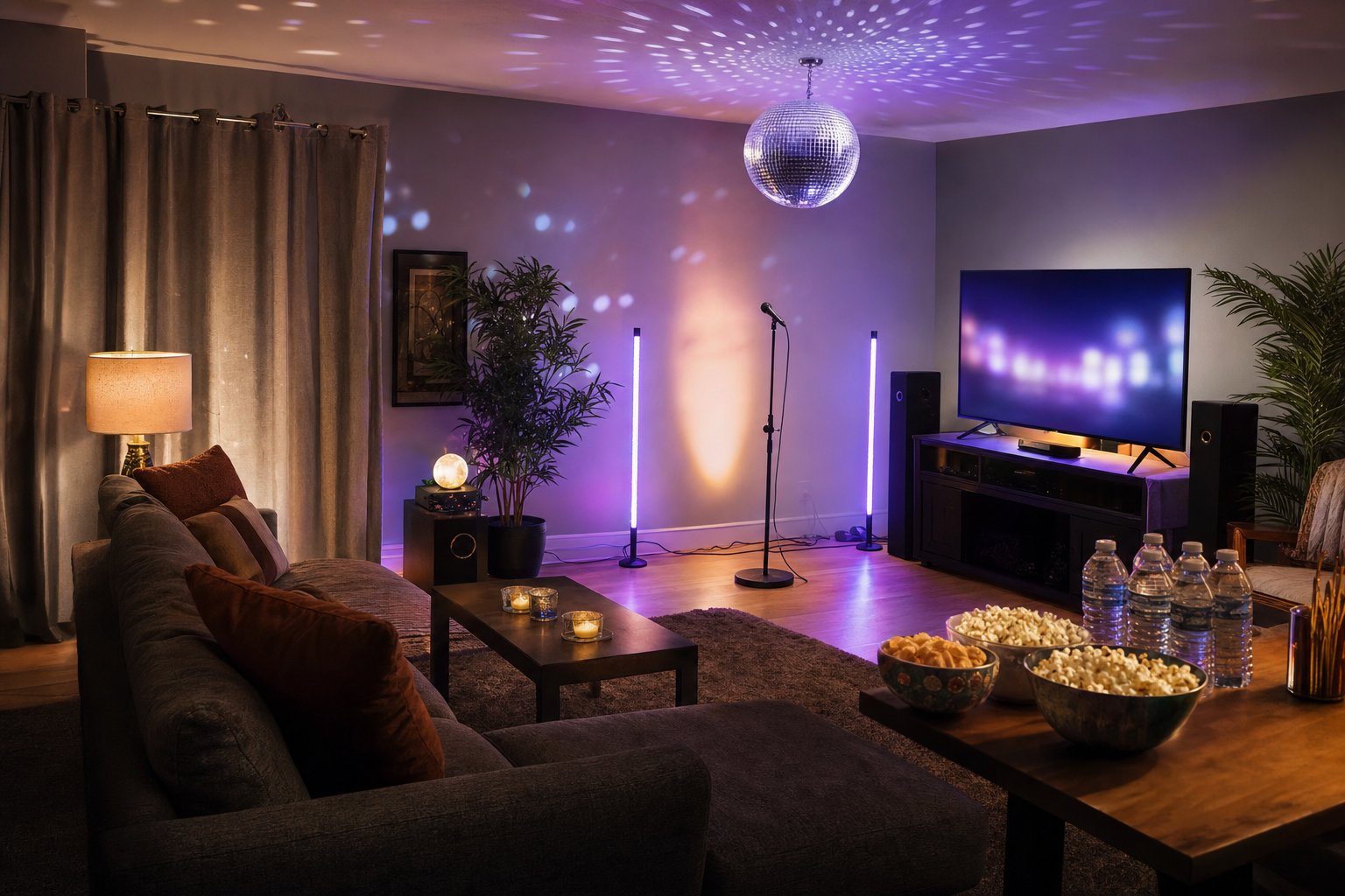 Living room arranged with a clear karaoke singing area and comfortable seating
