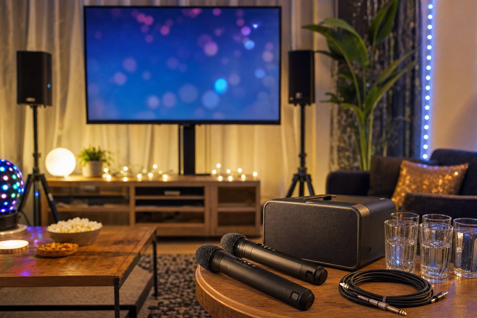 Wireless microphones, speaker, lyric screen, and party essentials set out for karaoke