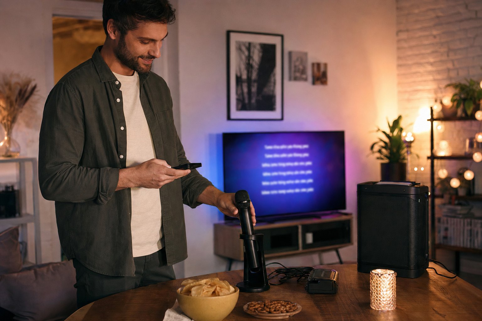 Party host preparing a microphone and song list before karaoke begins