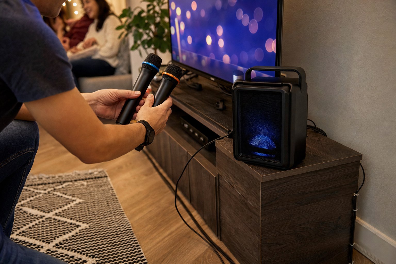 Host testing wireless microphones and a speaker before a karaoke party