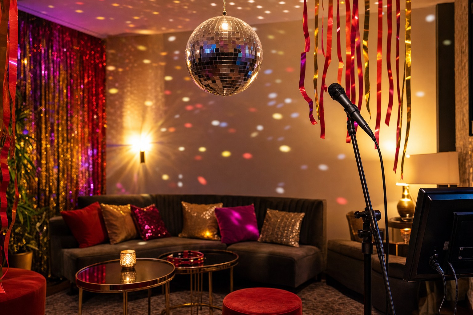 Karaoke party room decorated with a disco ball, streamers, and microphone
