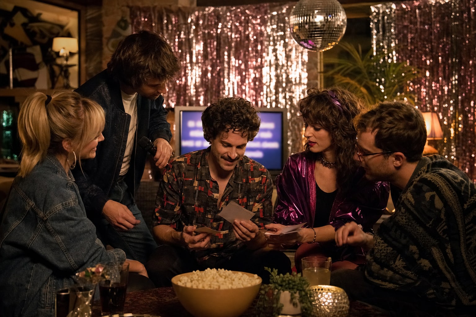 Friends choosing songs beside a disco ball at a themed karaoke party