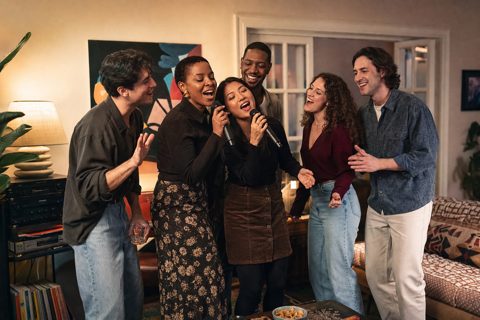Friends singing together at a warmly lit home karaoke party