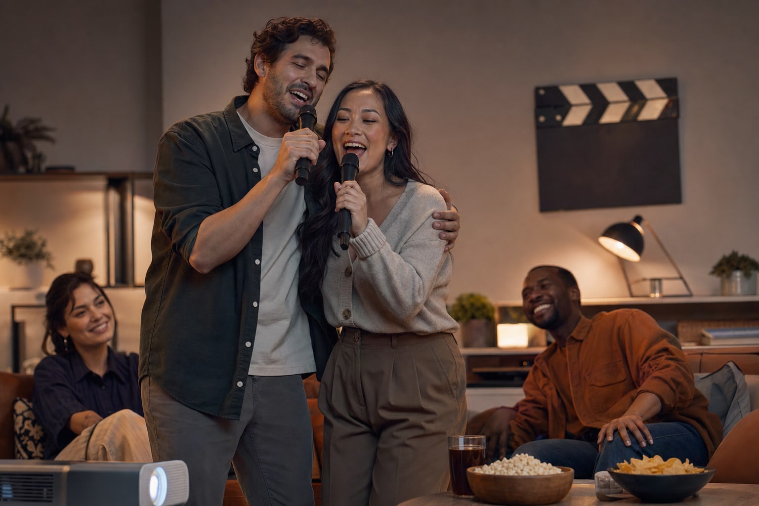 Friends sharing a karaoke duet during a movie-night themed party