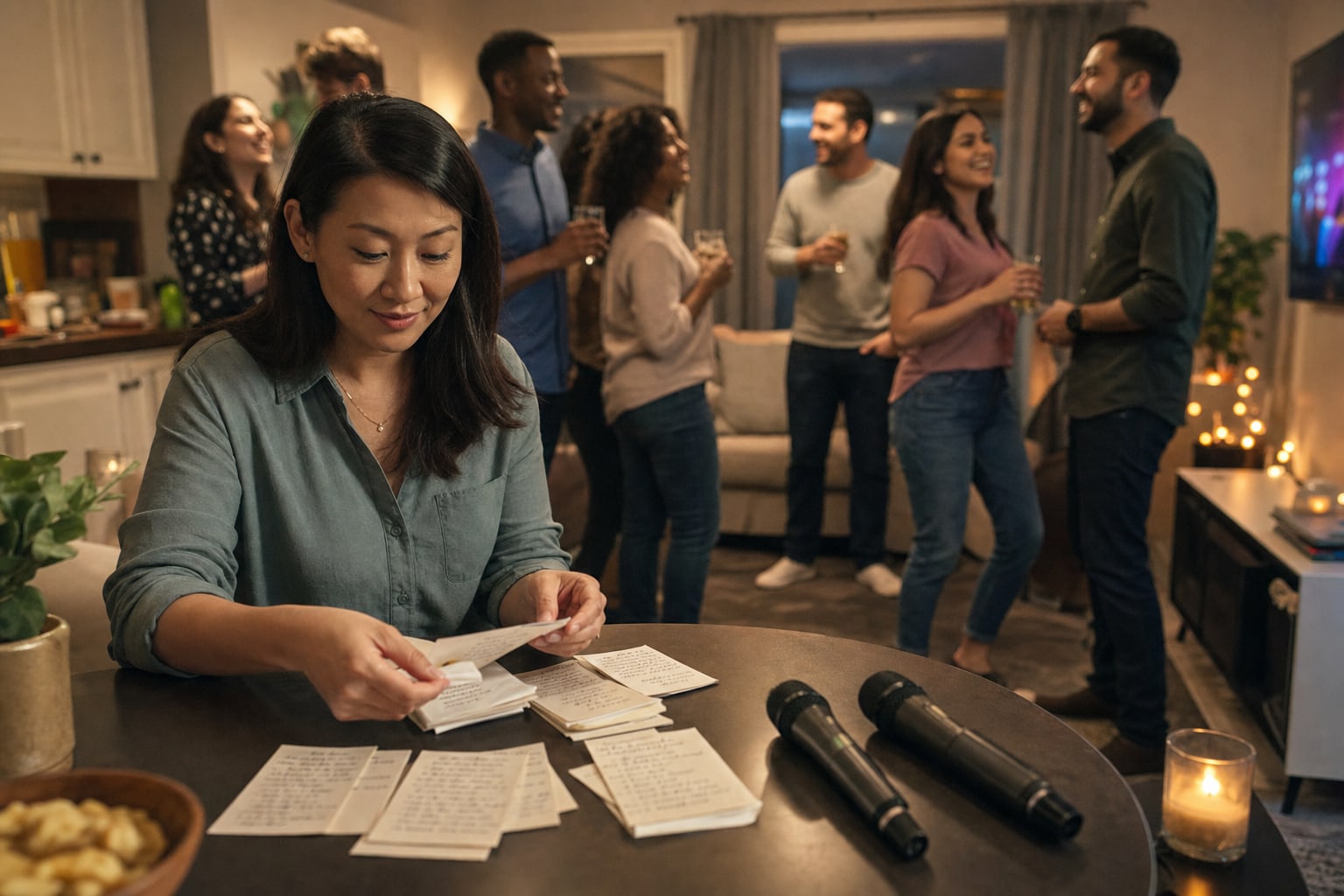Host organizing karaoke song requests before guests take the microphone