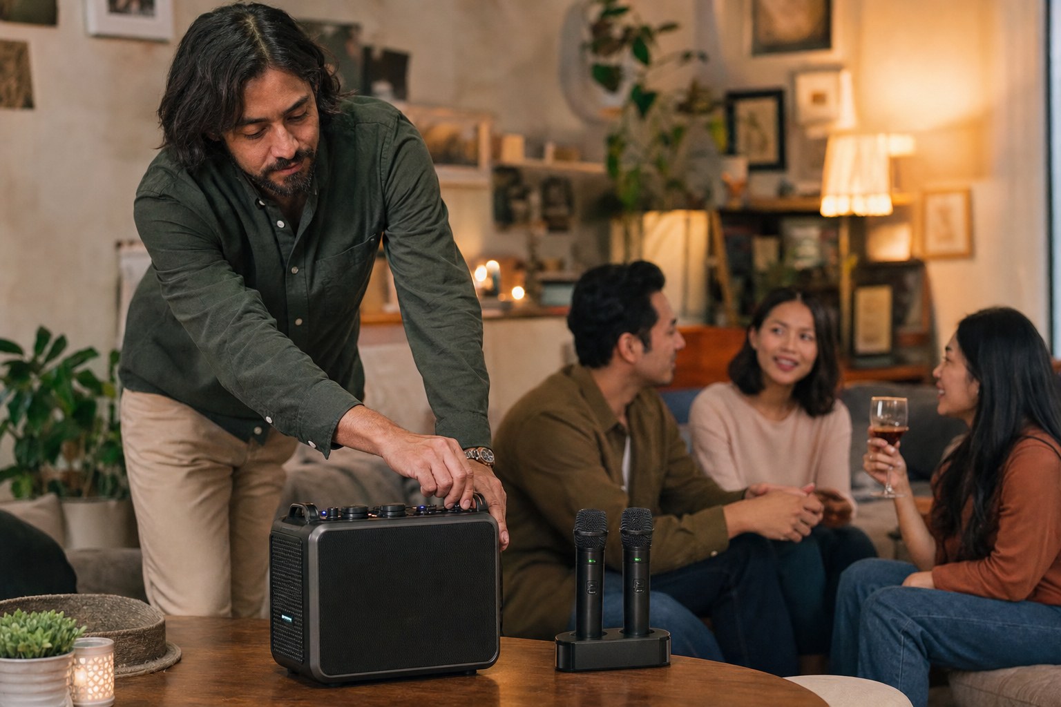 Party host adjusting karaoke volume while friends talk comfortably