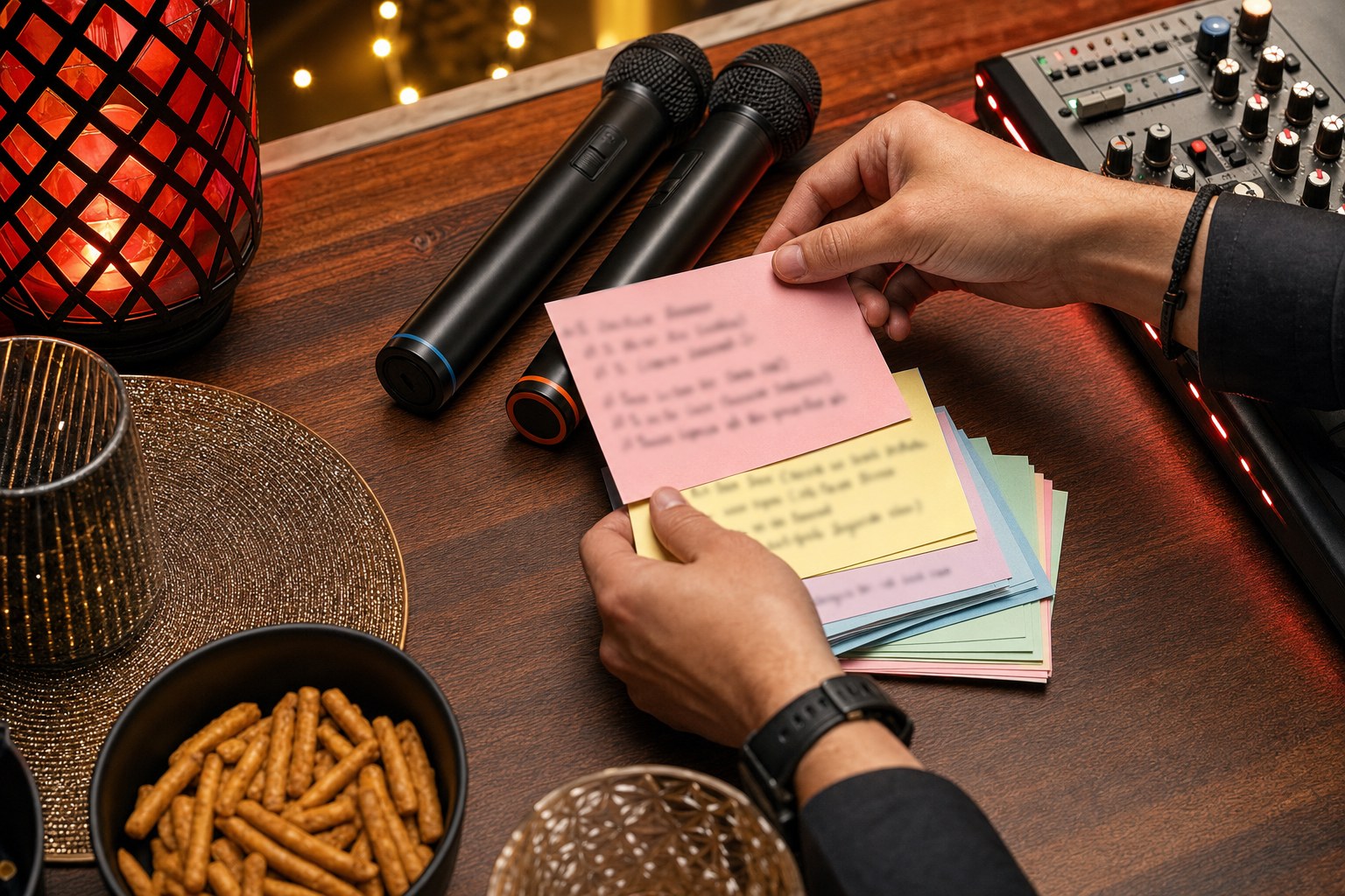 Host organizing song request cards beside karaoke microphones
