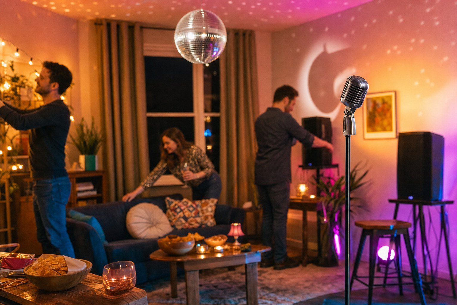 Friends preparing a warmly lit home karaoke party