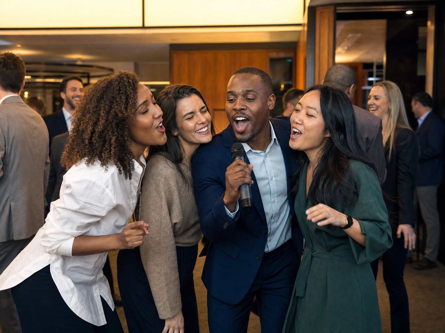 Coworkers singing together at a corporate event