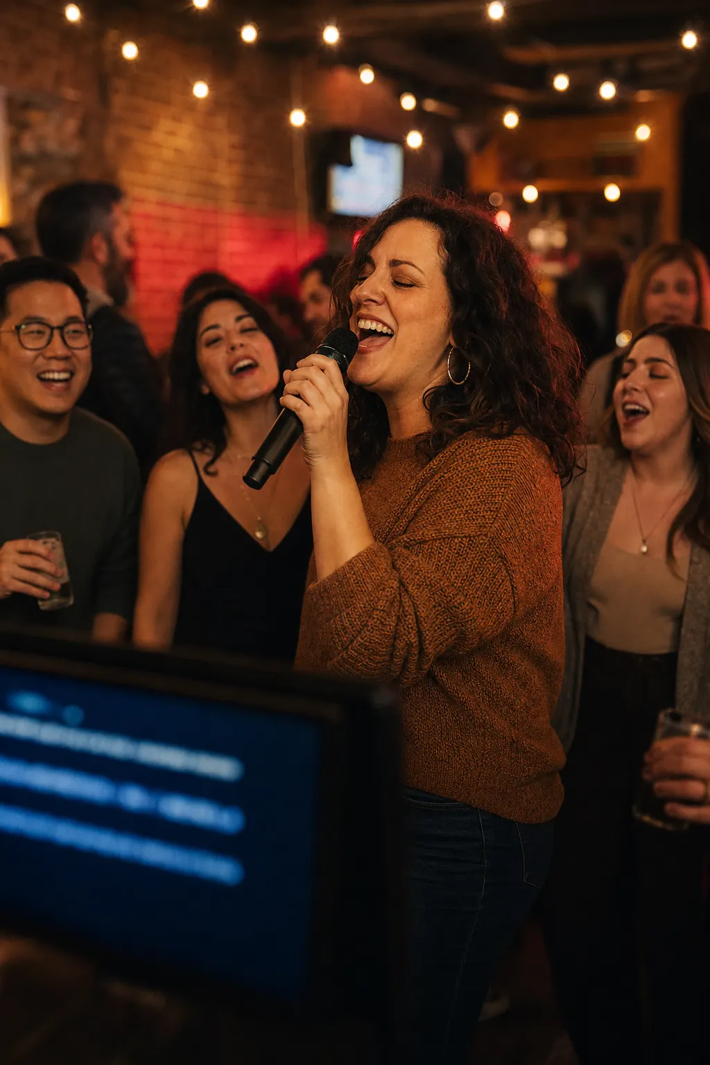 Friends singing karaoke in a warmly lit bar