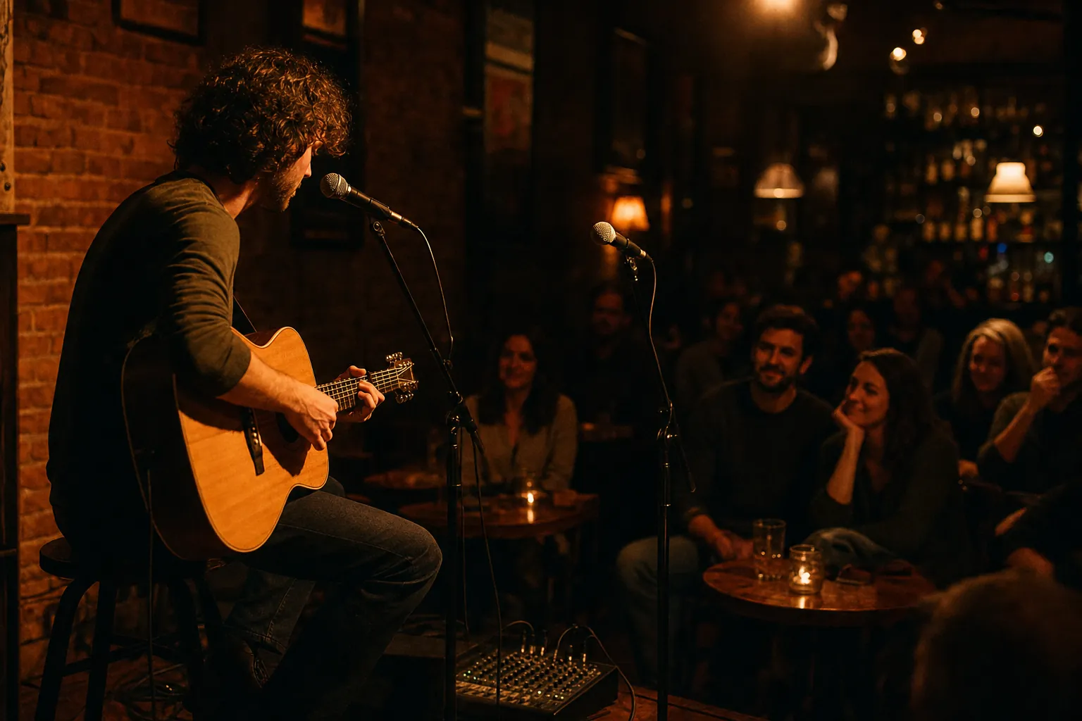 Musician performing at an intimate open mic night
