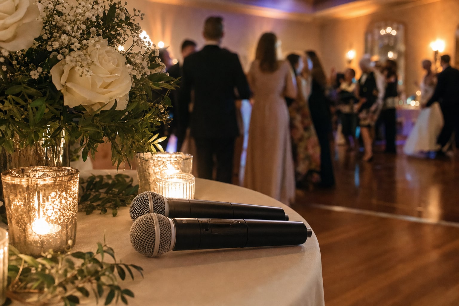 Wireless microphones ready for wedding toasts beside candles and flowers