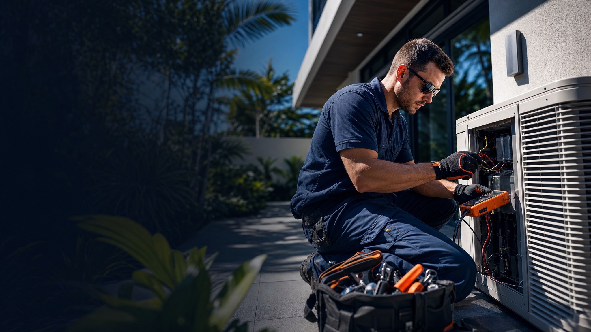HVAC technician servicing an outdoor air conditioning unit