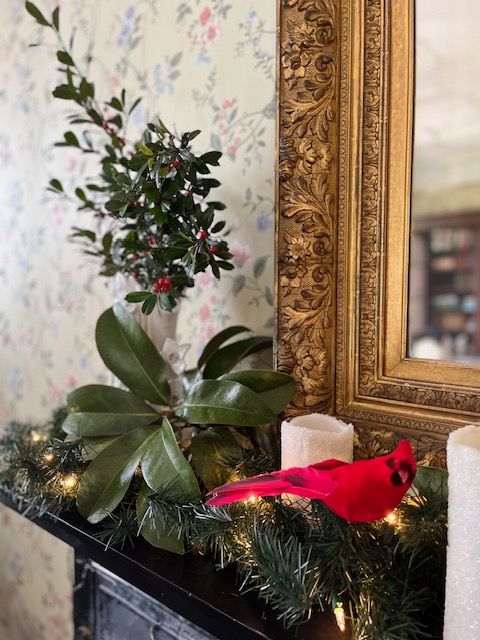 Christmas greenery on the mantel