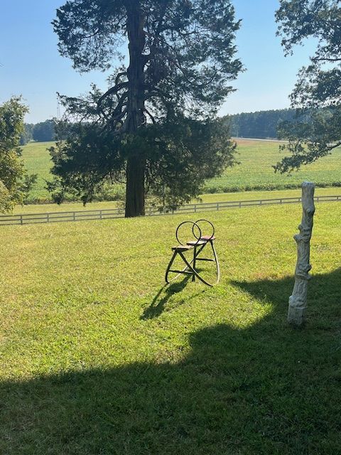 A metal chair overlooking the lawn