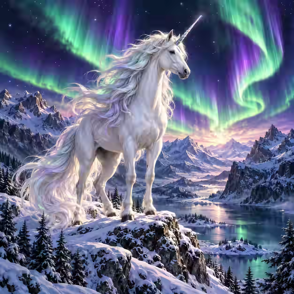 Aurora Over Snowy Unicorn