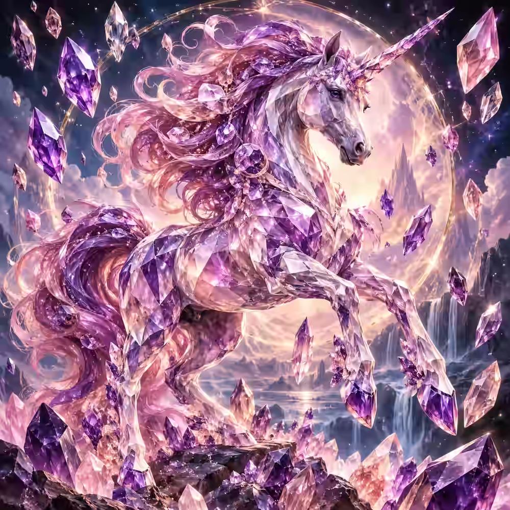 Crystal Unicorn Among Floating Gems
