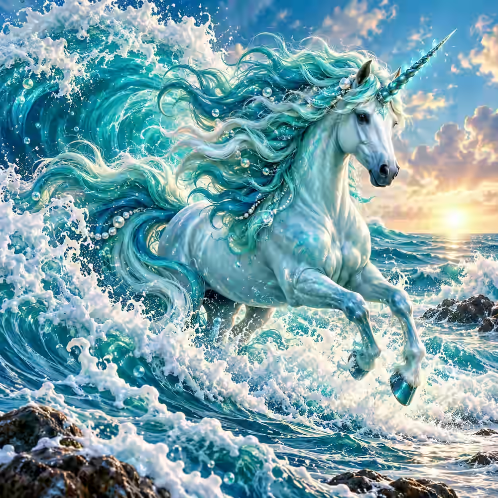 Turquoise Unicorn in Ocean Waves