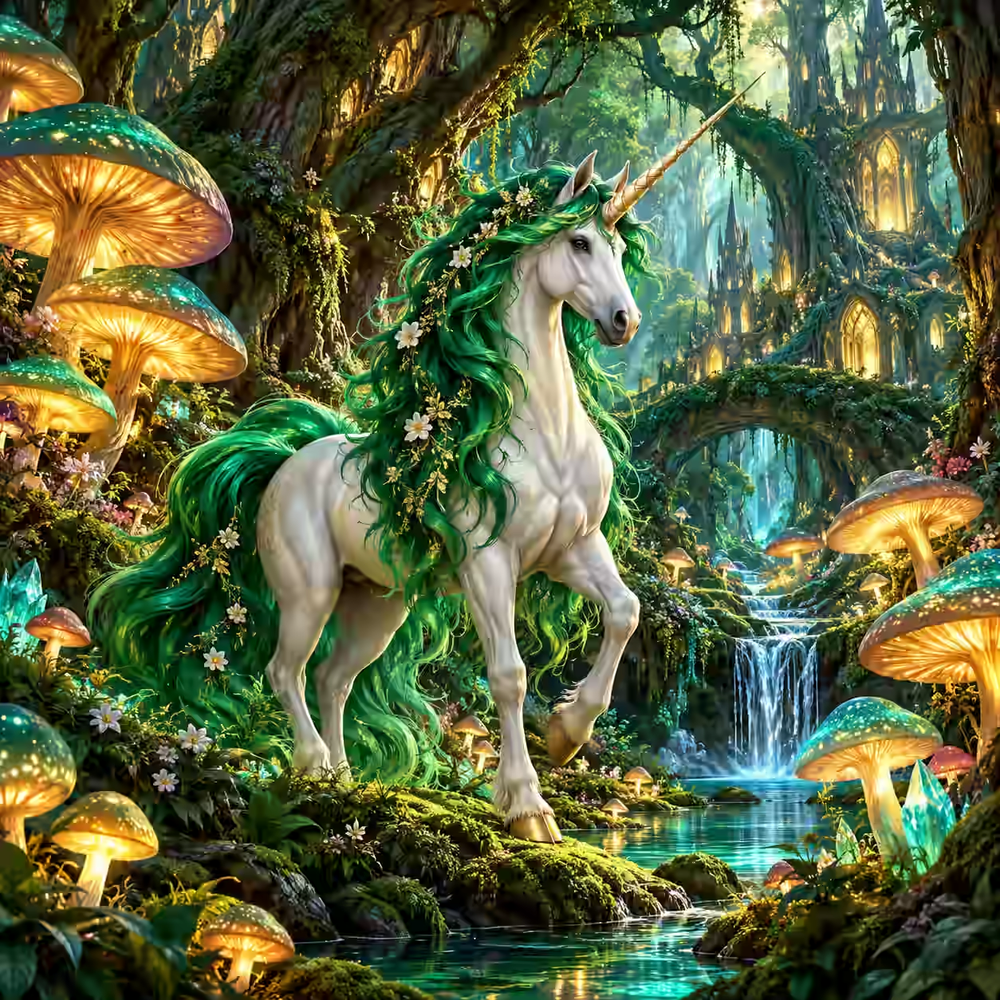 Emerald Unicorn in the Enchanted Forest