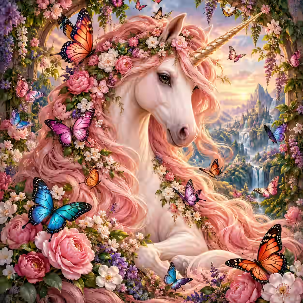 Blush Unicorn in a Butterfly Garden