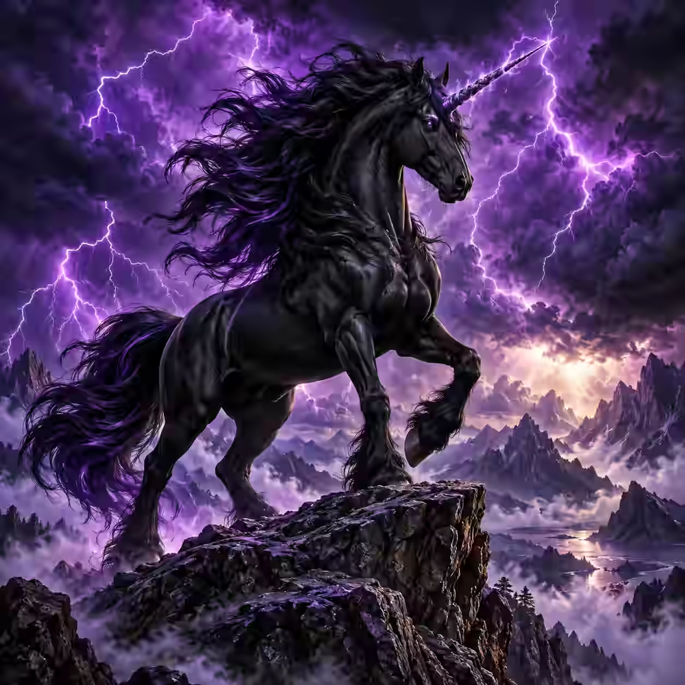Black Unicorn Beneath Purple Lightning