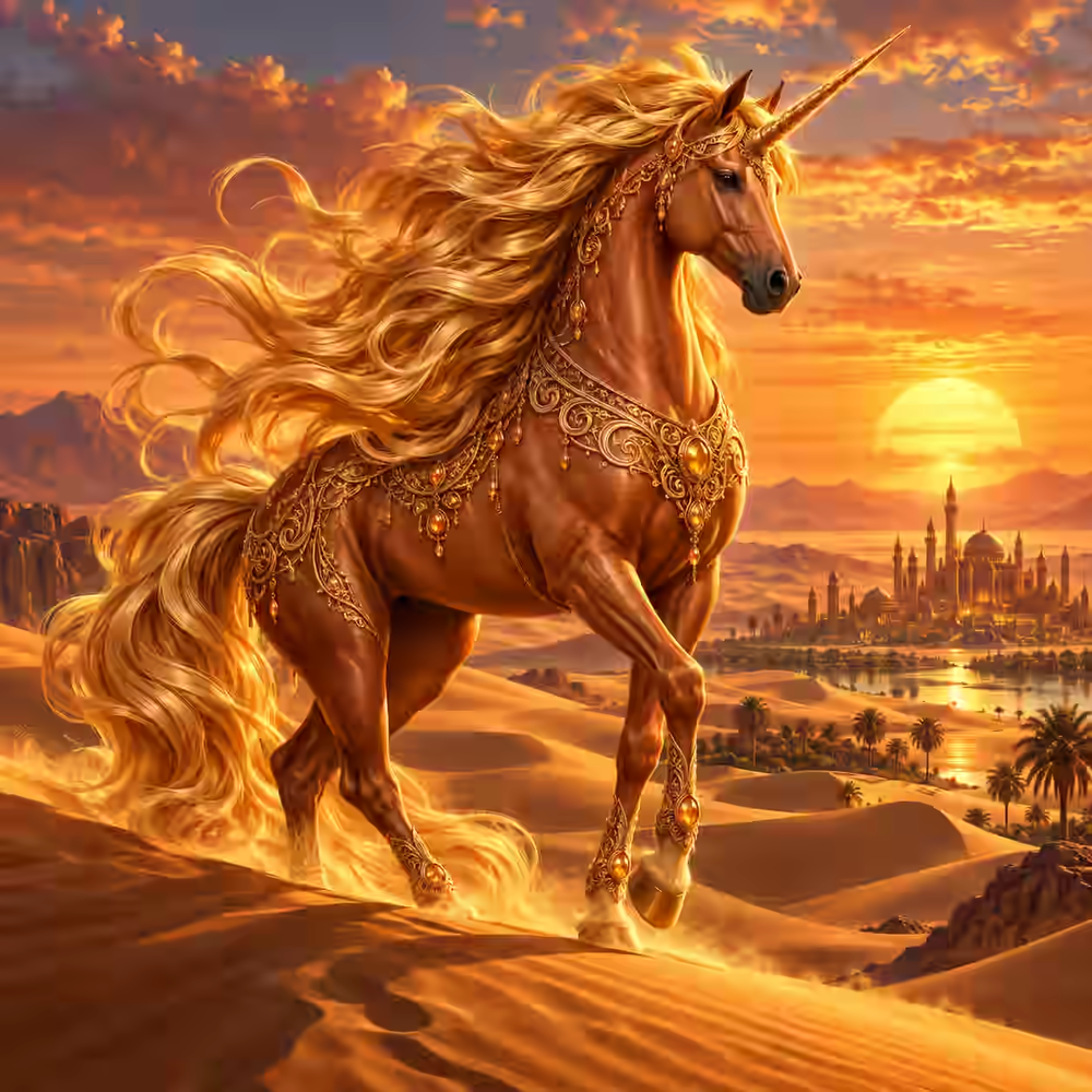 Copper Unicorn Among Sunset Dunes