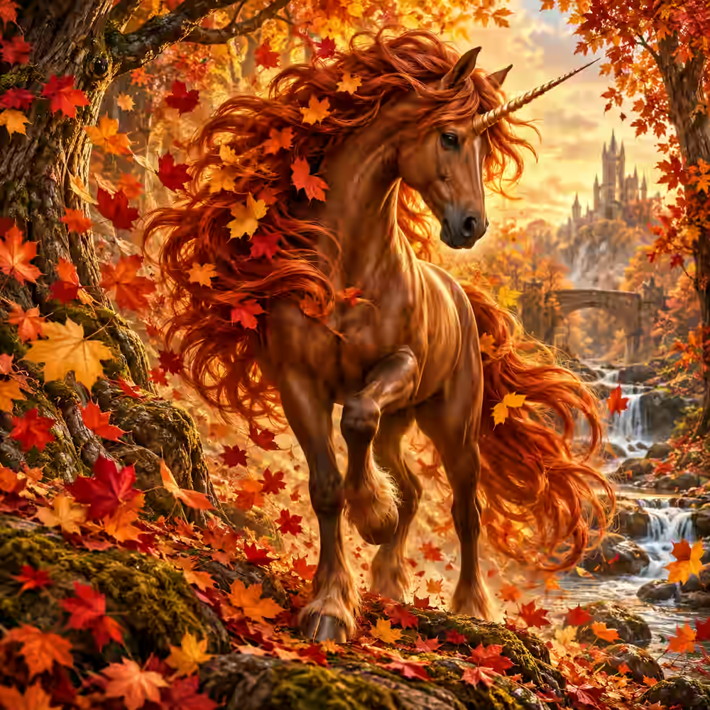 Chestnut Unicorn in Autumn Leaves