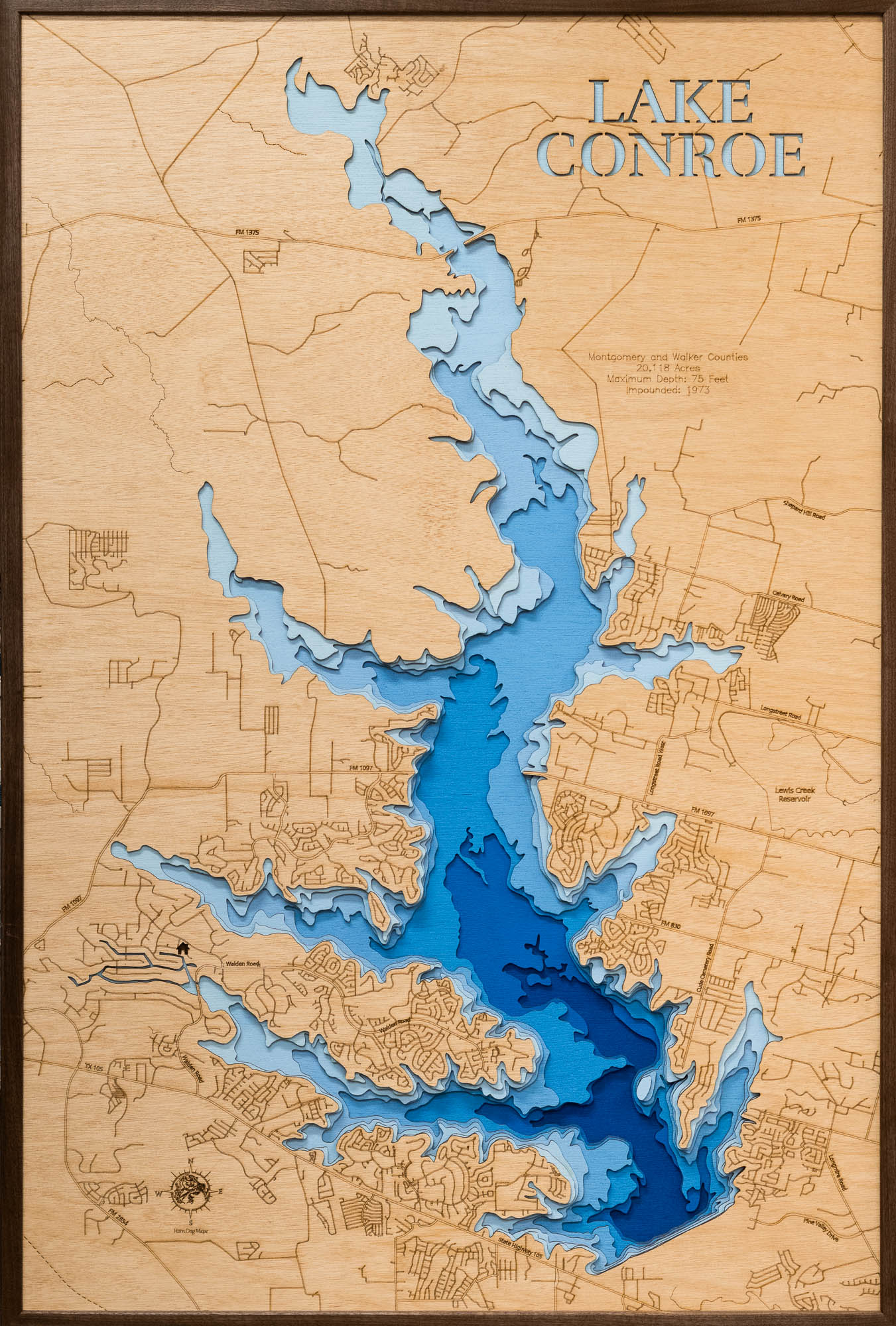 Wood-style Lake Conroe area map showing the lake shape, roads, and surrounding communities. Lake Conroe Fishing Guide - Billy Mills