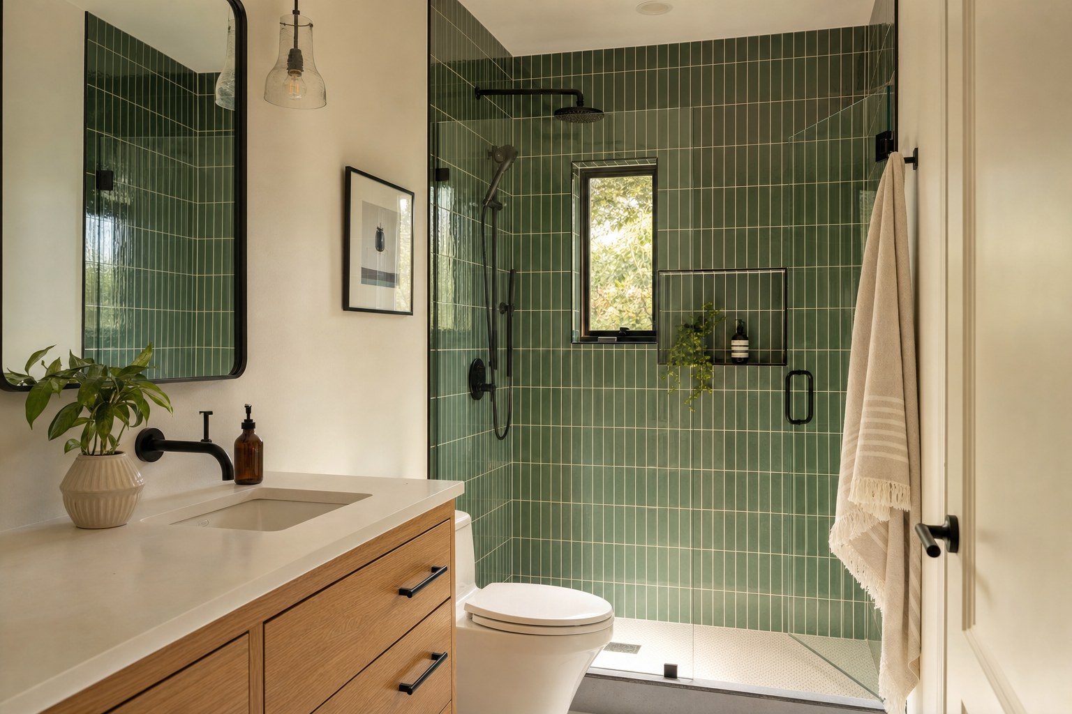 Finished bathroom with green tile shower
