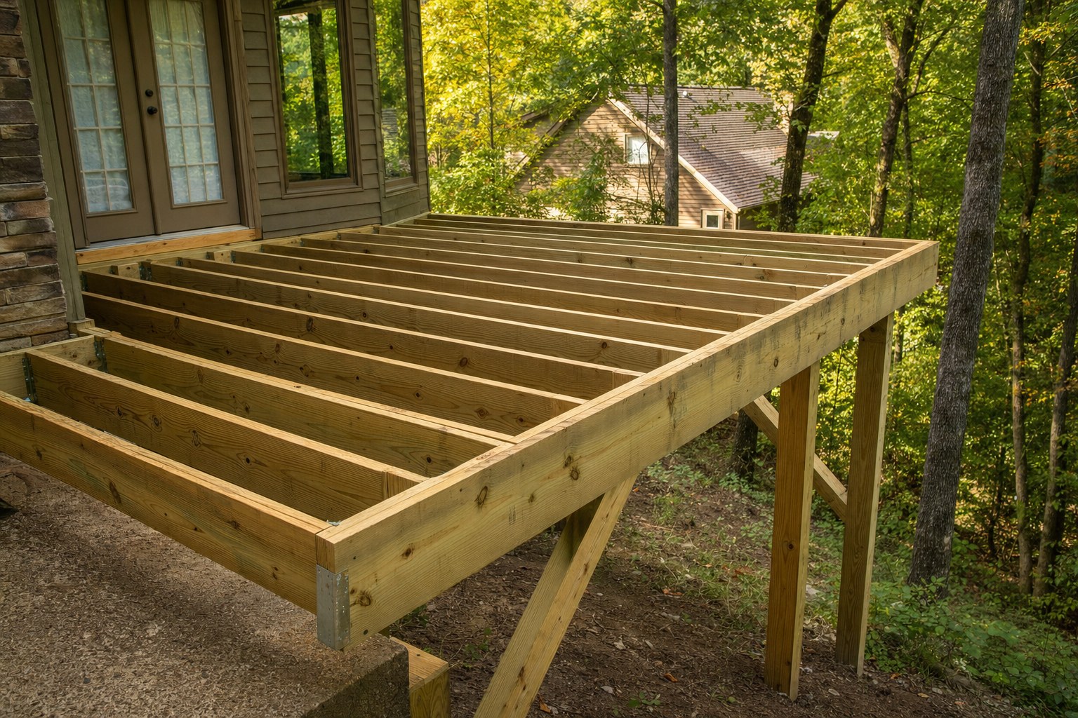 Timber deck framing beside a home