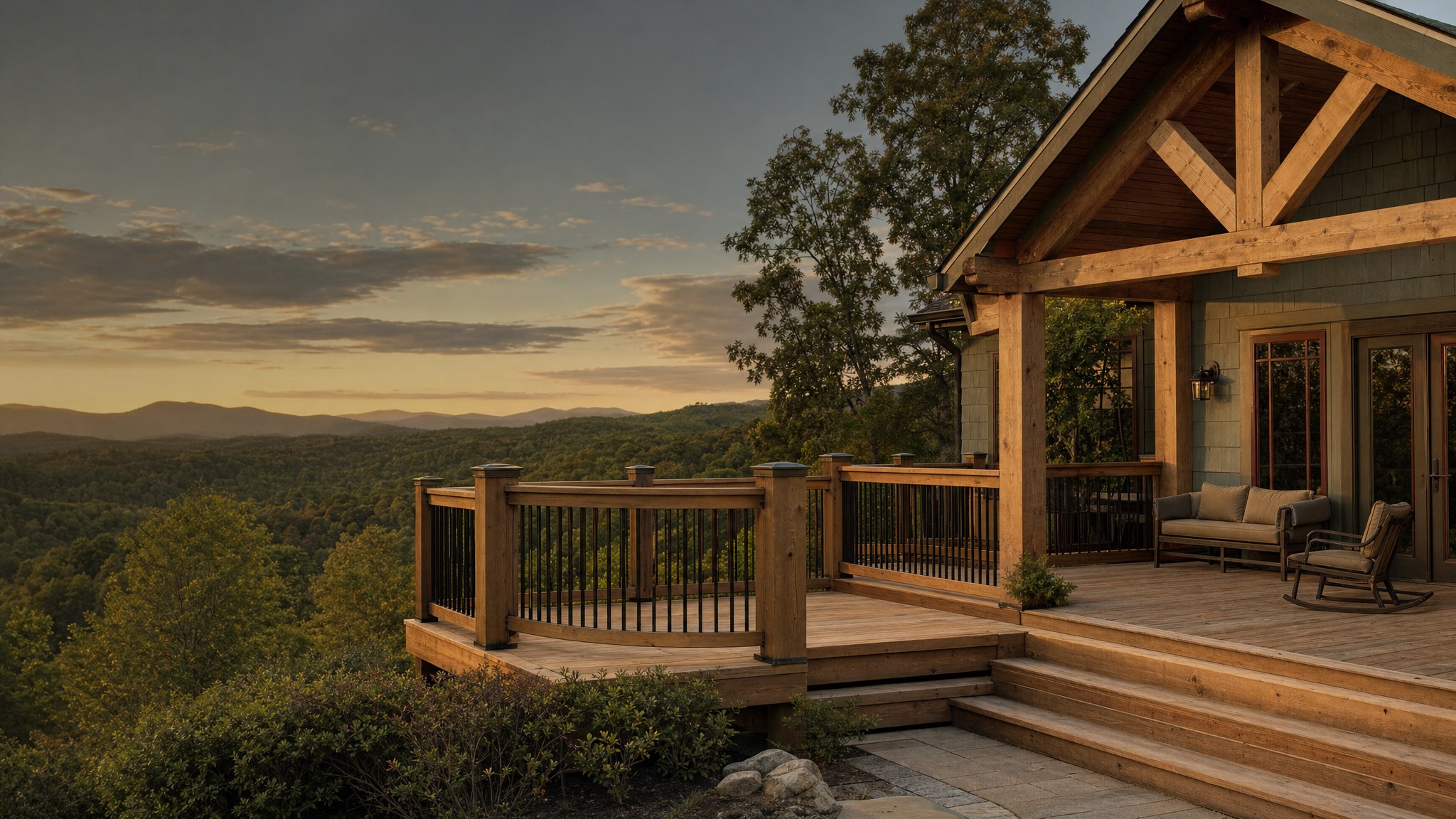 Timber deck attached to a Tennessee home at sunset