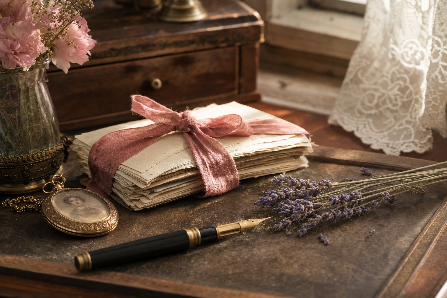 Tied letters, a portrait locket, and a pen on a period writing desk