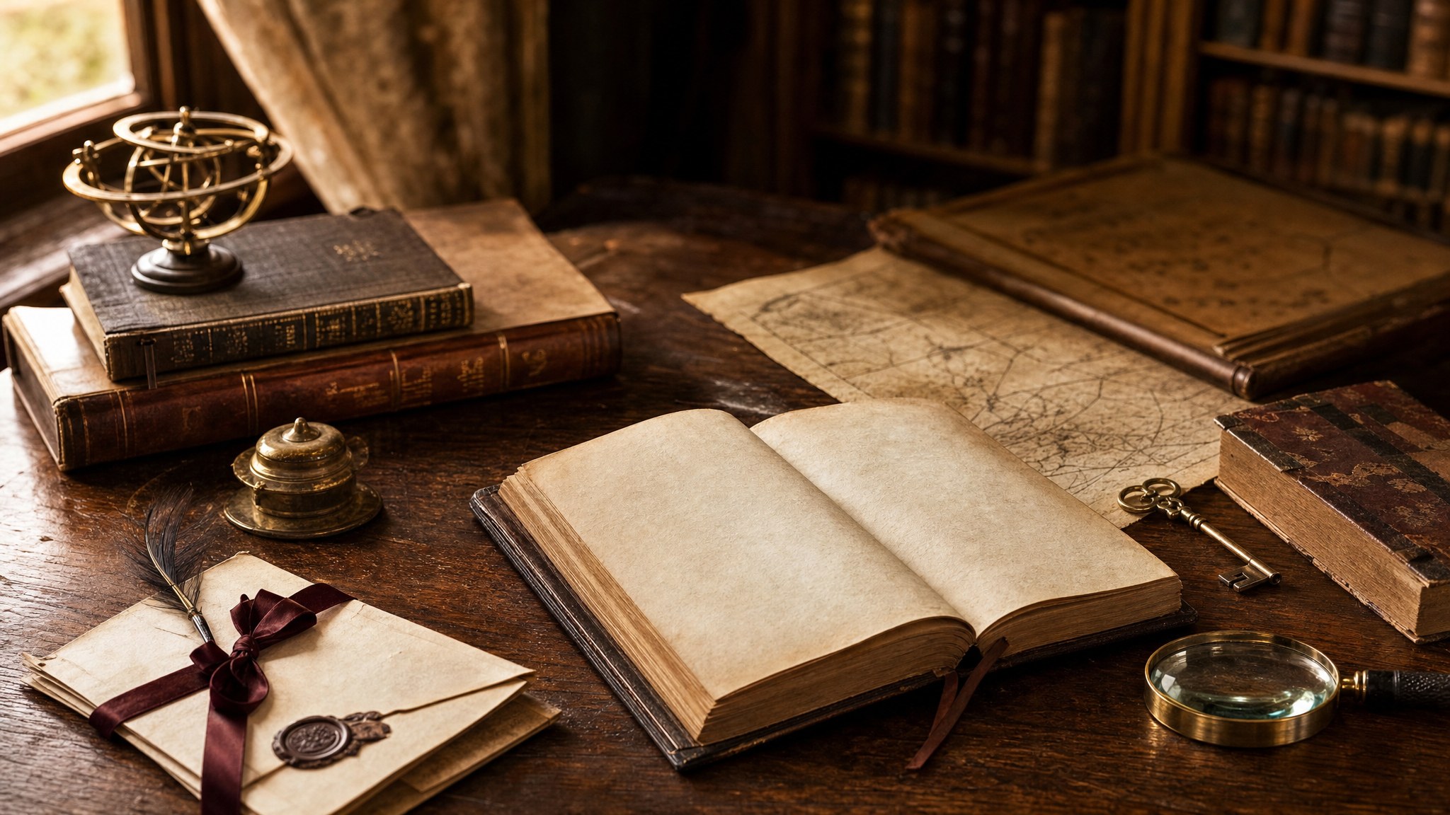 Historic reader’s desk with books, map, letters, and a magnifying glass