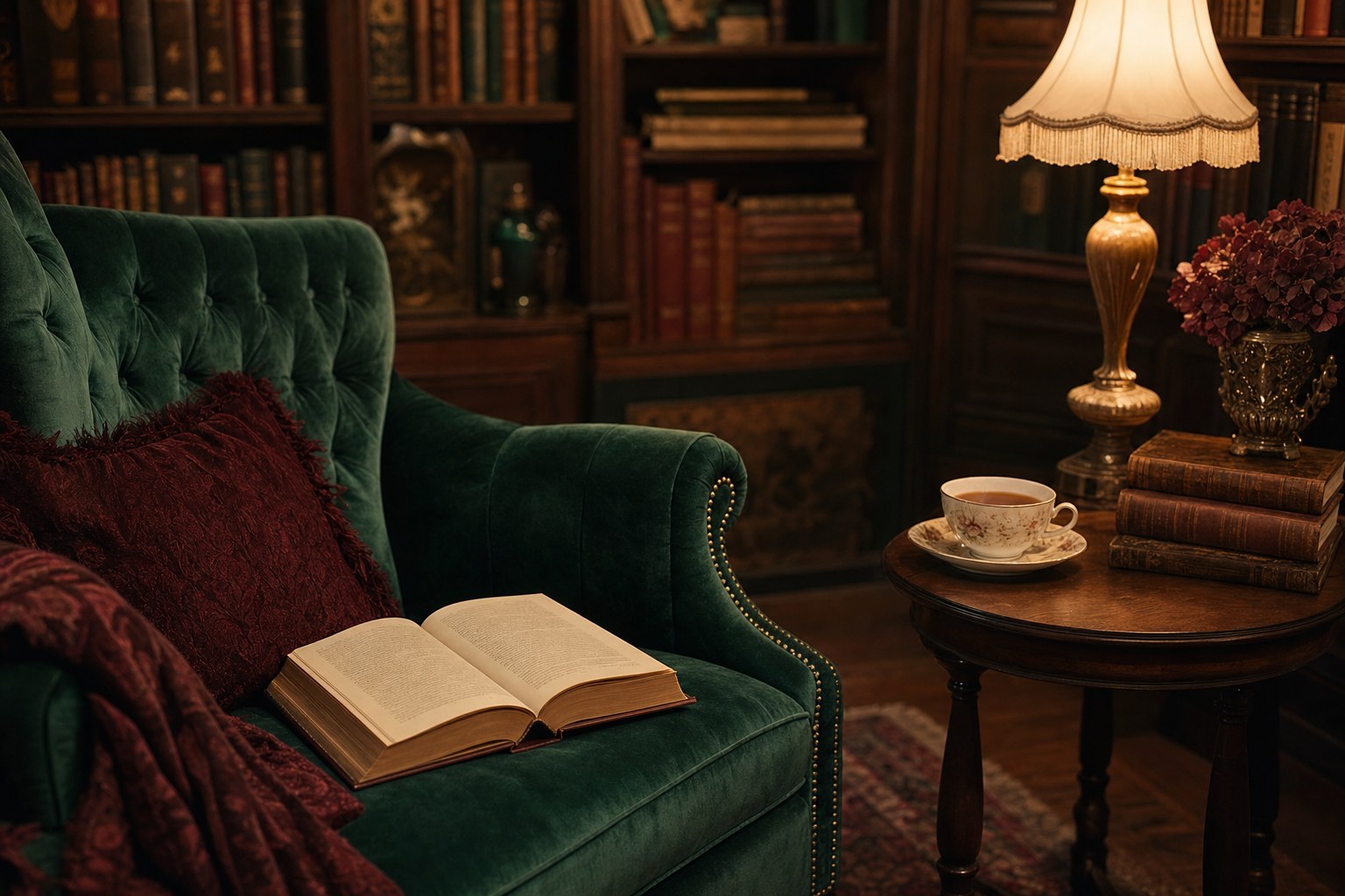 Open novel in a warmly lit library reading corner