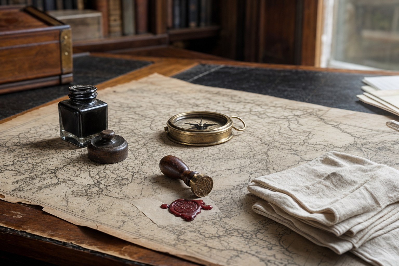 Archive table with a map, compass, ink, and historical papers