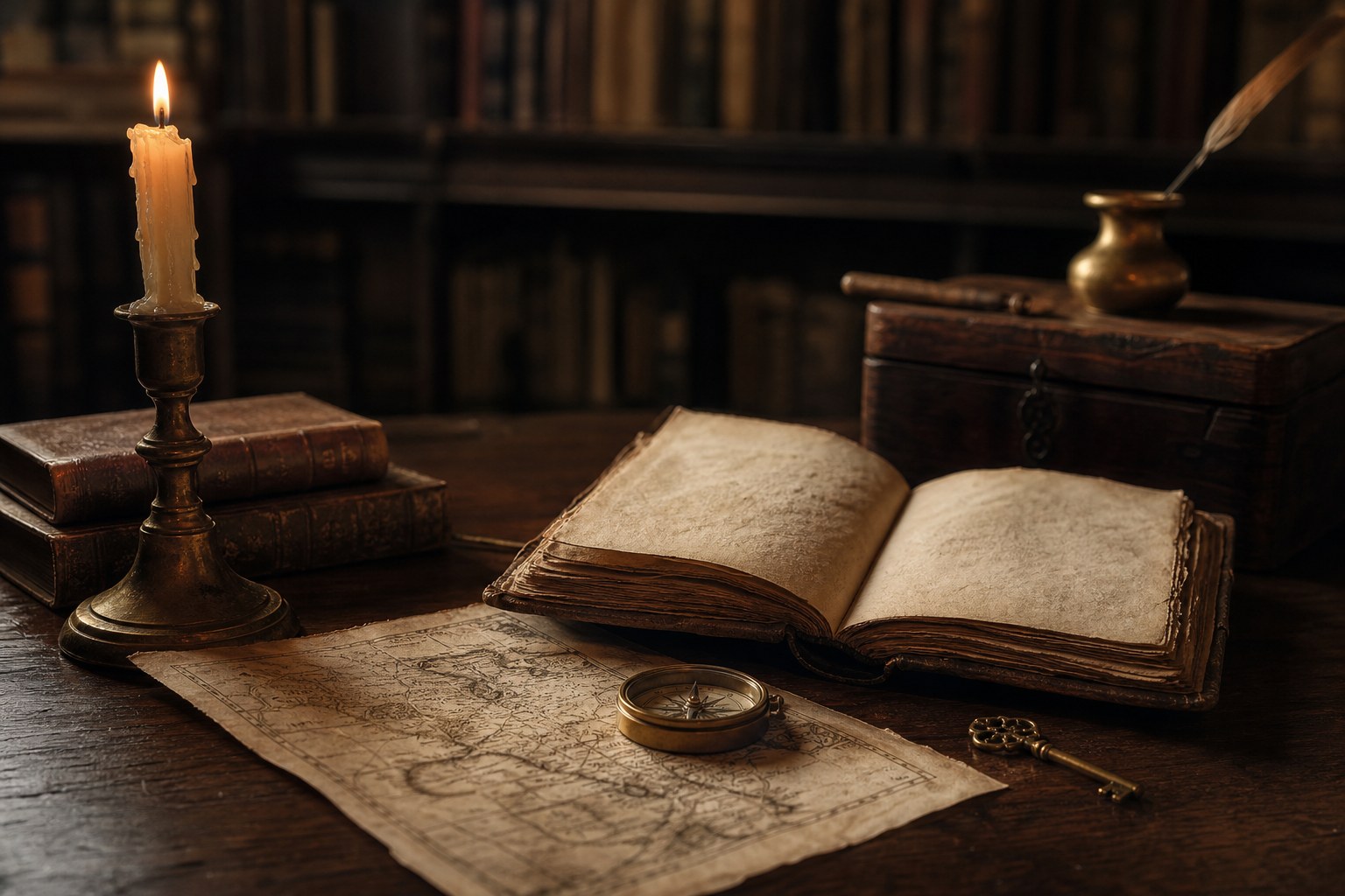 Candlelit books, map, and compass on a historic writing desk