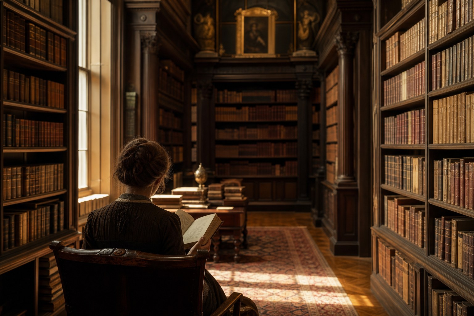 Reader seated with an open book in a classic library