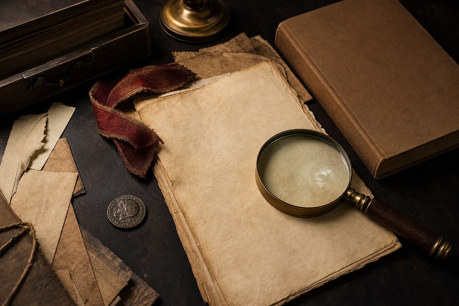 Historic papers, magnifying glass, ribbon, and coin arranged for research