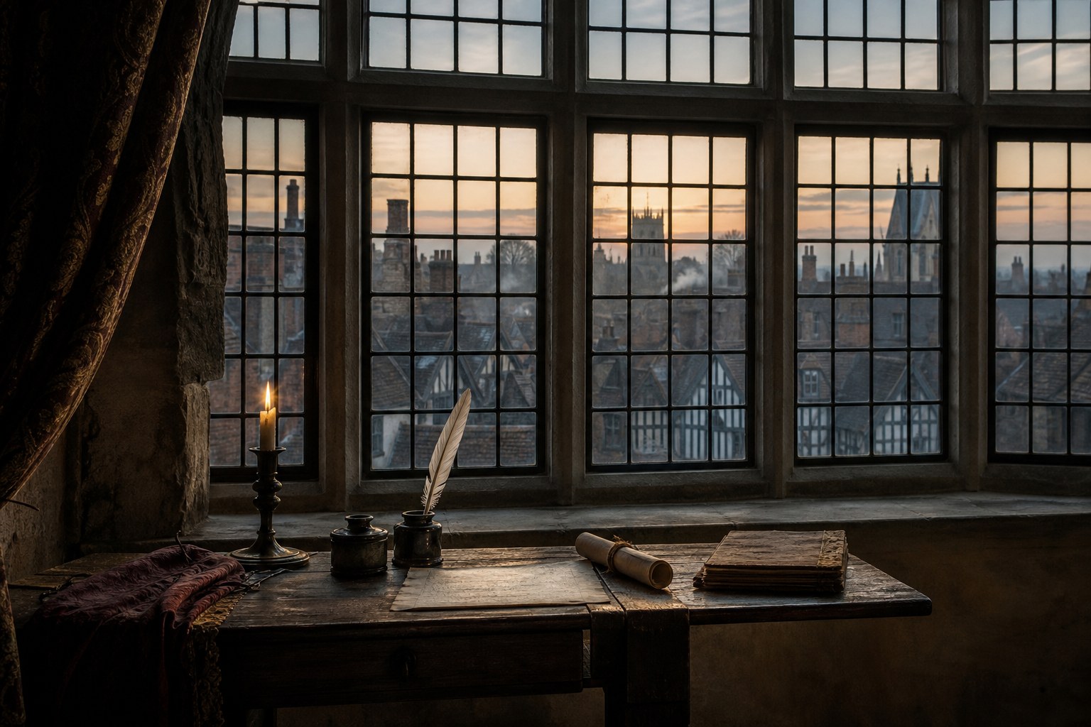 Tudor rooftops seen from a historic writing desk at dawn
